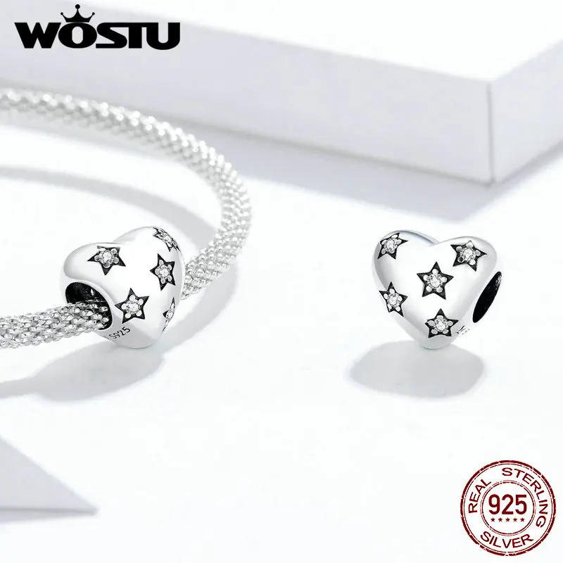 WOSTU 2020 Аутентичные 925 пробы Серебряные звезды с сердцем очарование для