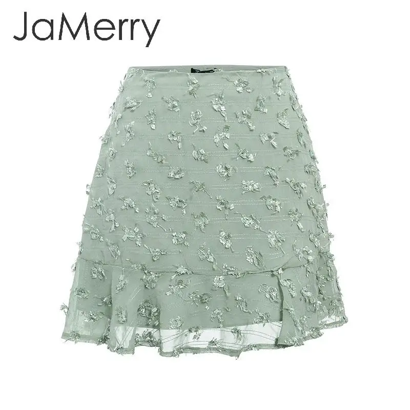 Зеленый JaMerry, Элегантная короткая женская юбка с цветочной вышивкой, высокая талия, летние женские юбки, трапециевидная плиссированная уличная одежда, женские мини-юбки - Цвет: Зеленый