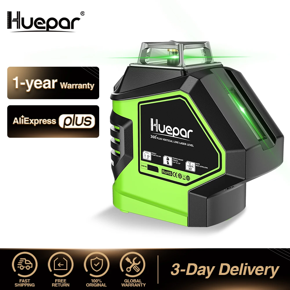 Green Beam Laser Level with 2 Plumb Dots Self-Leveling 360 3D Rotary Cross Line//