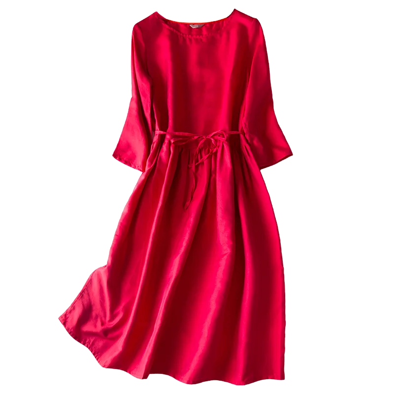 

Silk and Cotton Women's Dress for Everyday 2020 Ceremony Dresses Red 3/4 Sleeve Solid A-Line Casual Mid-Calf Sashes