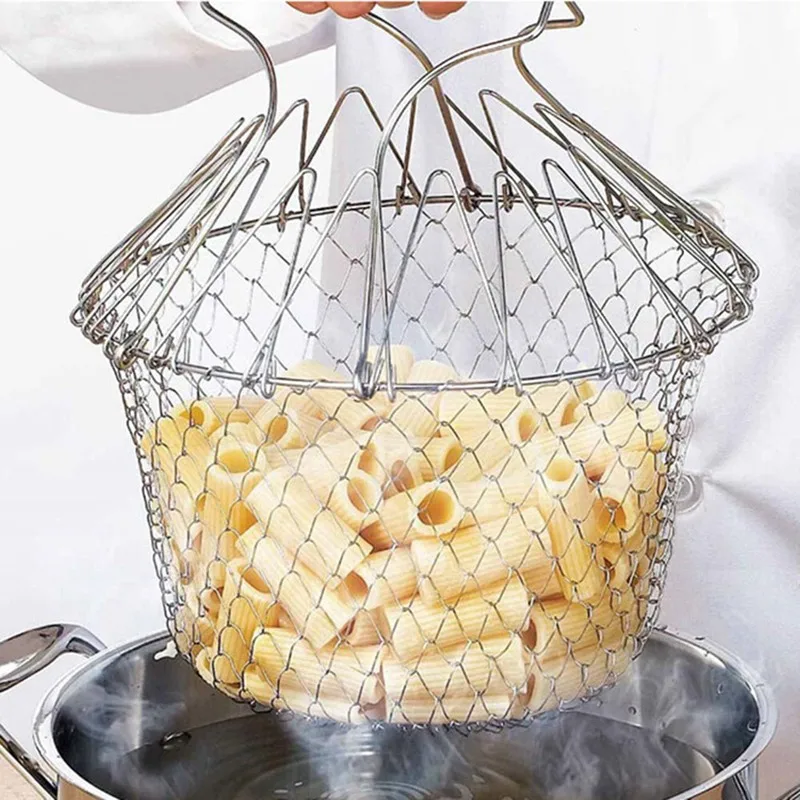 Foldable Steam Rinse Strainer Stainless Steel Colander Basket Drainer Frying French Fryer Tool Kitchen Cooking Basket