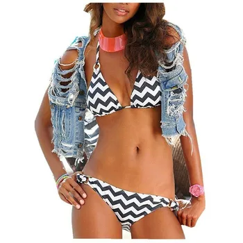 

Womens Vintage Boho Bikini Set Wave Striped Bathing Suit Summer Womens Sexy Beach Clothes Push UP Swimwear Beachwear