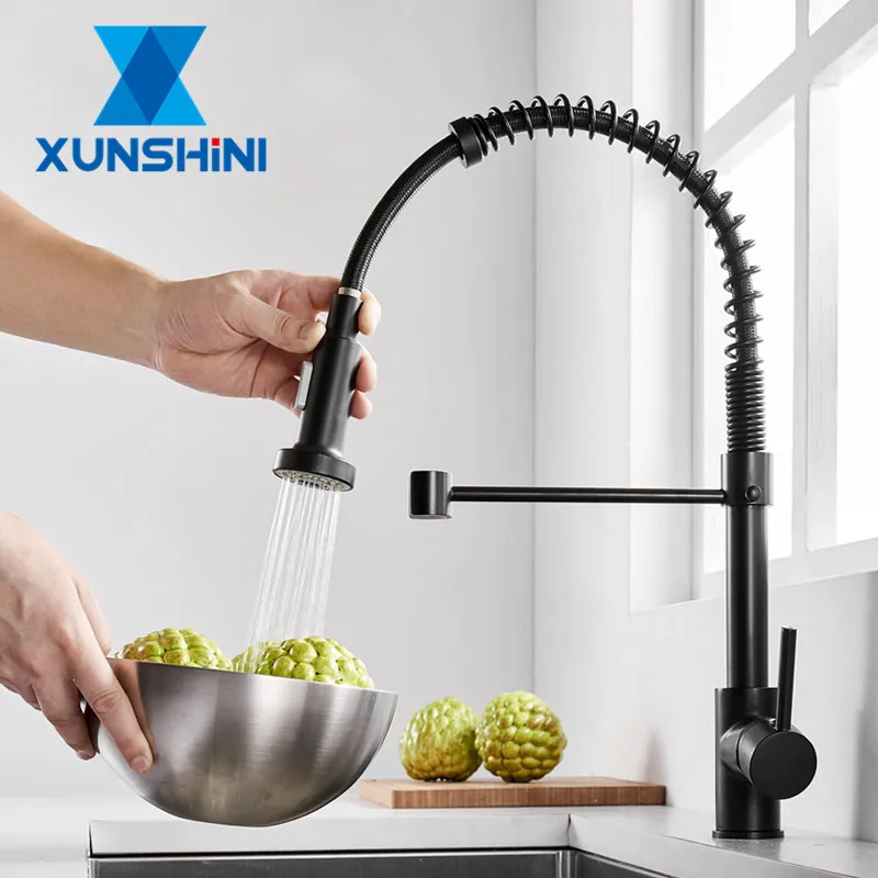 

XUNSHINI Matte Black Kitchen Faucet Pull-down Spring Kitchen Tap Mixer Tap 360Â° Rotation Stream Sprayer Nozzle Kitchen Sink Taps