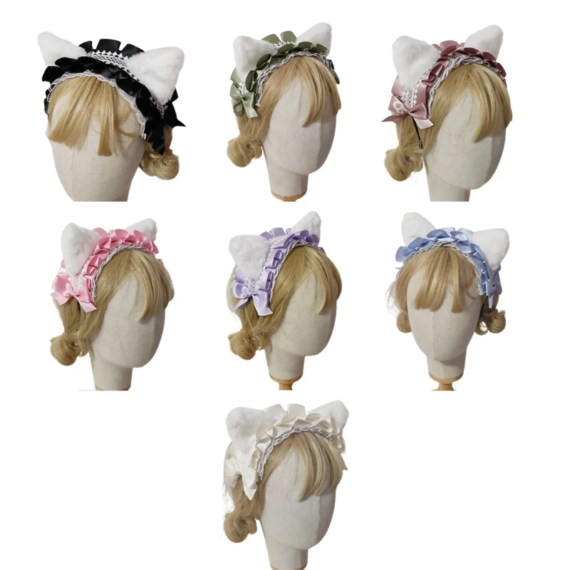 

Women Plush Cat Ears Headbands Ruffle Lace Kitty Ear Headdress Kitten Ears Hairband Ribbon Bows Headband Lolita Headwear