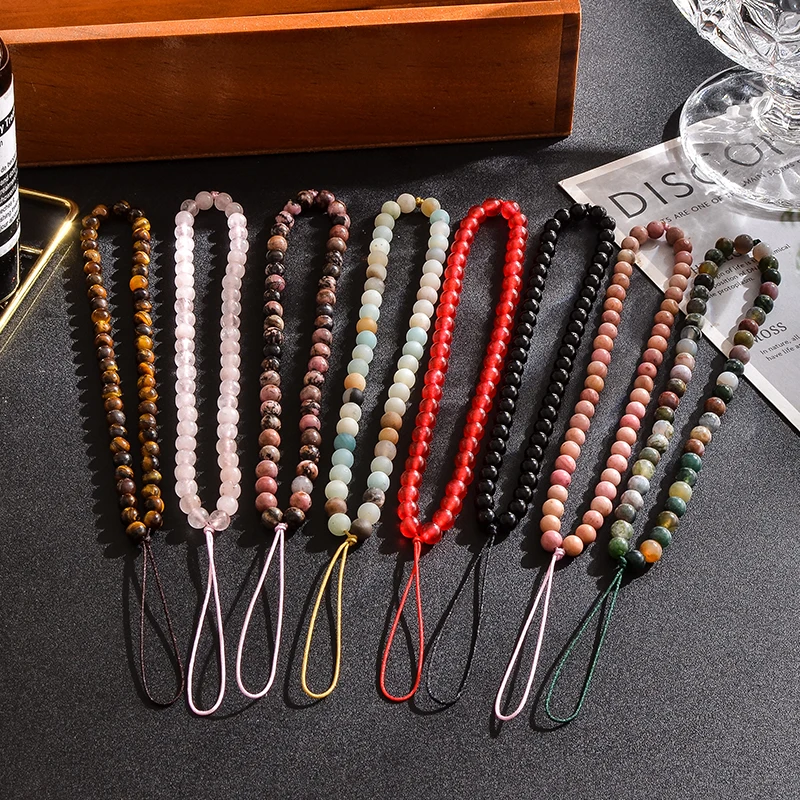 Phone Lanyard Jewelry Phone Chain Beaded Strap Wrist Mobile Phone Lanyard Key 6mm Tiger Eye Black Onyx Amazonite Gemstone Jewelry For Men and Women phone lanyard jewelry