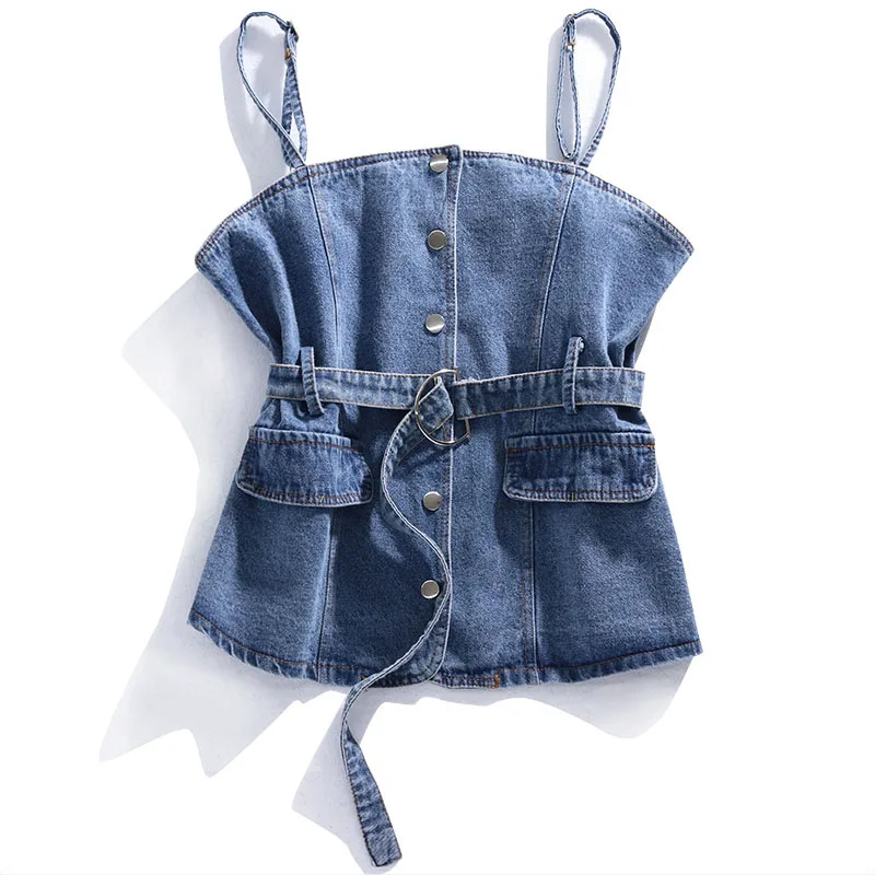

Korean Blue Women's Denim vest Summer Short Single Breasted Jean Sling Tops With belt Female Casual Sleeveless 2020 Fashion New