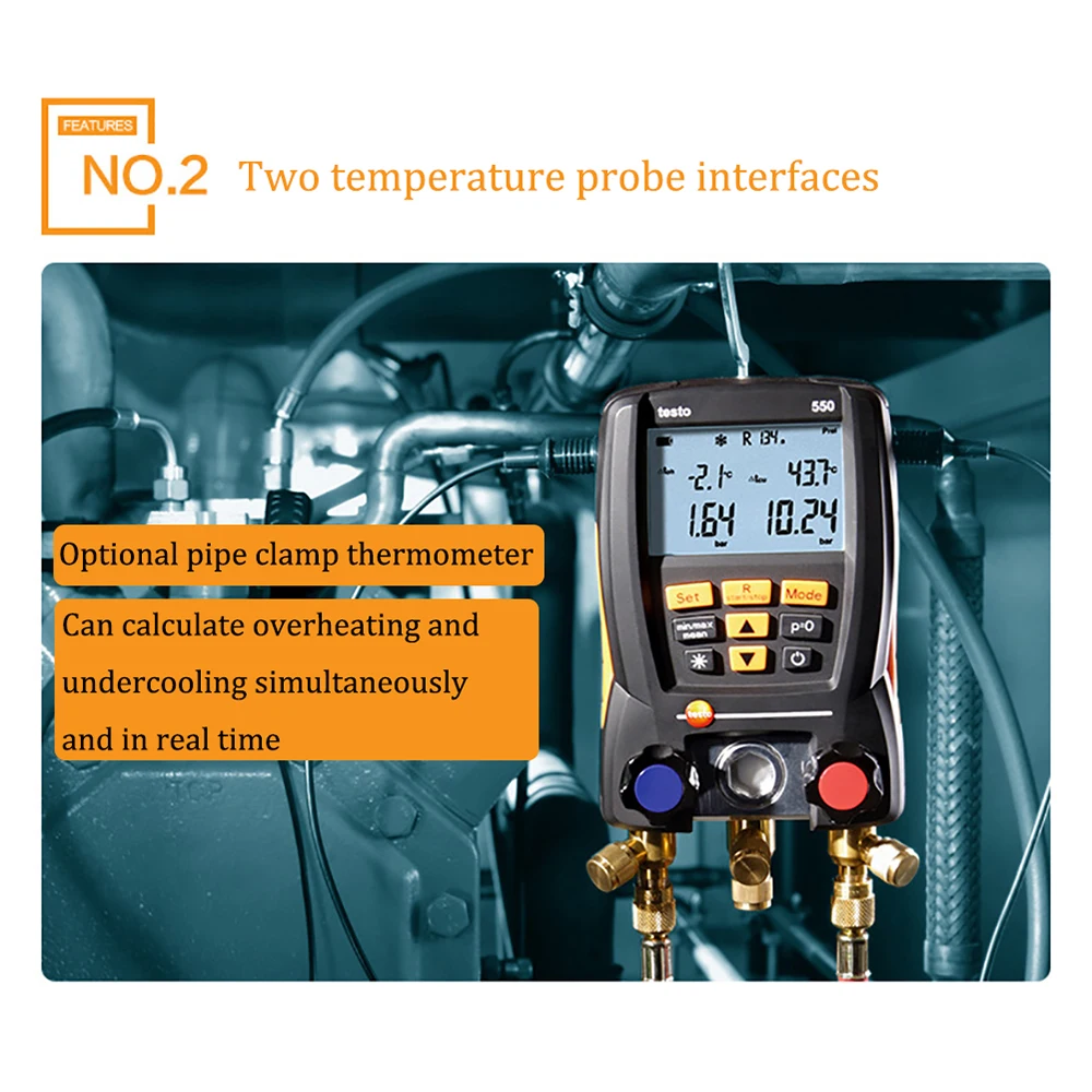NEW Testo 550 Digital Manifold Gauge with 2pcs Clamp,2 Valves,System for HVAC 0563 1550 Built-in 60 common refrigerants