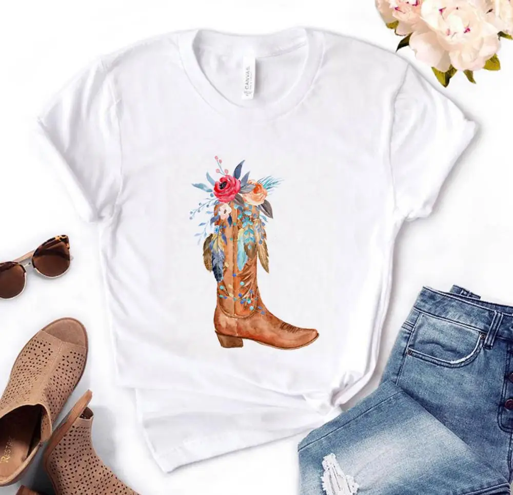 cowgirl boots flowers Print Women tshirt Cotton Casual Funny t shirt Gift For Lady Yong Girl Top Tee PM-68