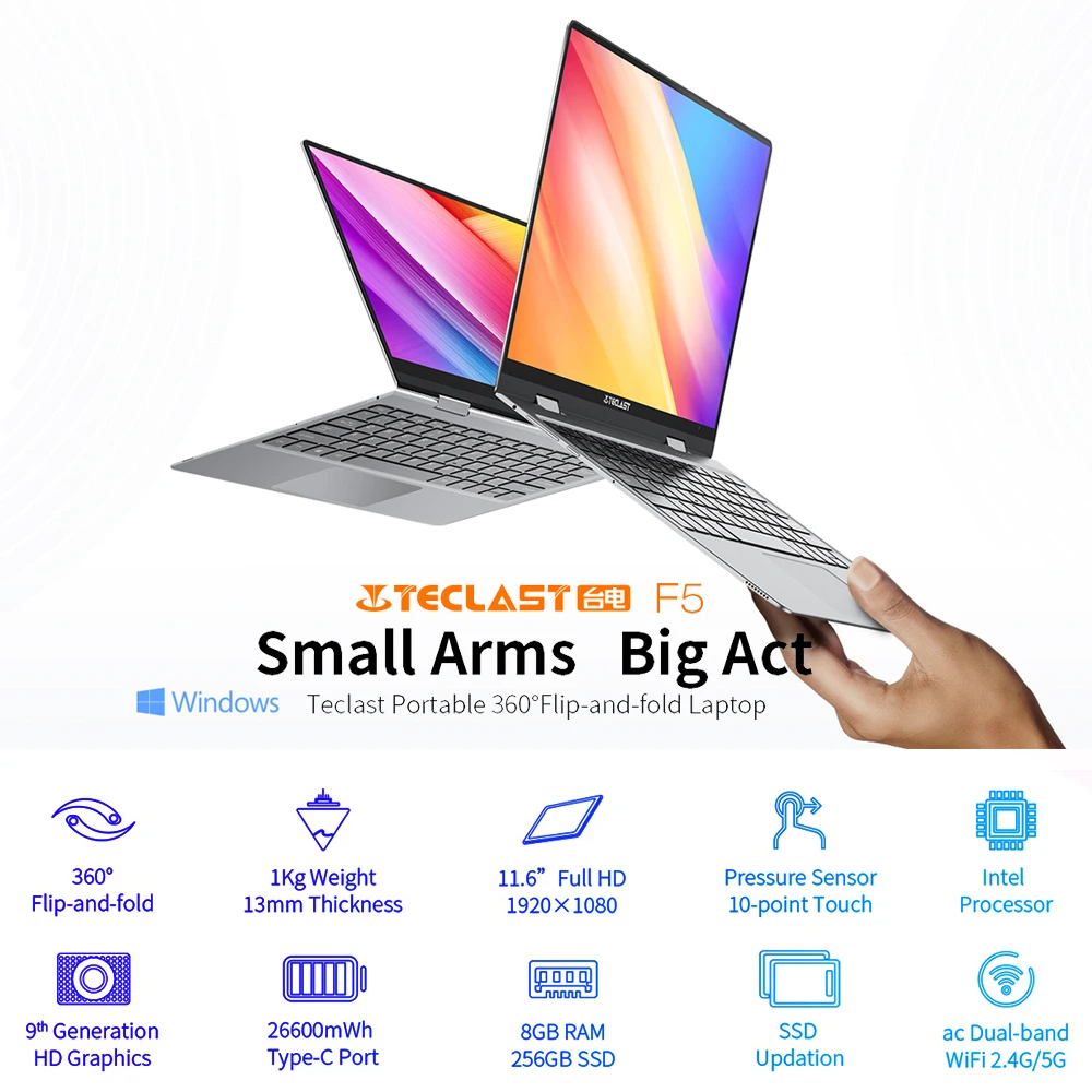 Teclast F5 Windows10 ноутбук 11 6 "Тетрадь ПК 8 Гб Оперативная память 256 ГБ SSD 1920*1080 Quick Charge 360
