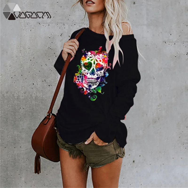 

Plus Size Women Tshirt Halloween Skull Print Autumn Long Sleeve O-Neck Casual Loose T-Shirt Tee Tops Fashion Female Streetwear