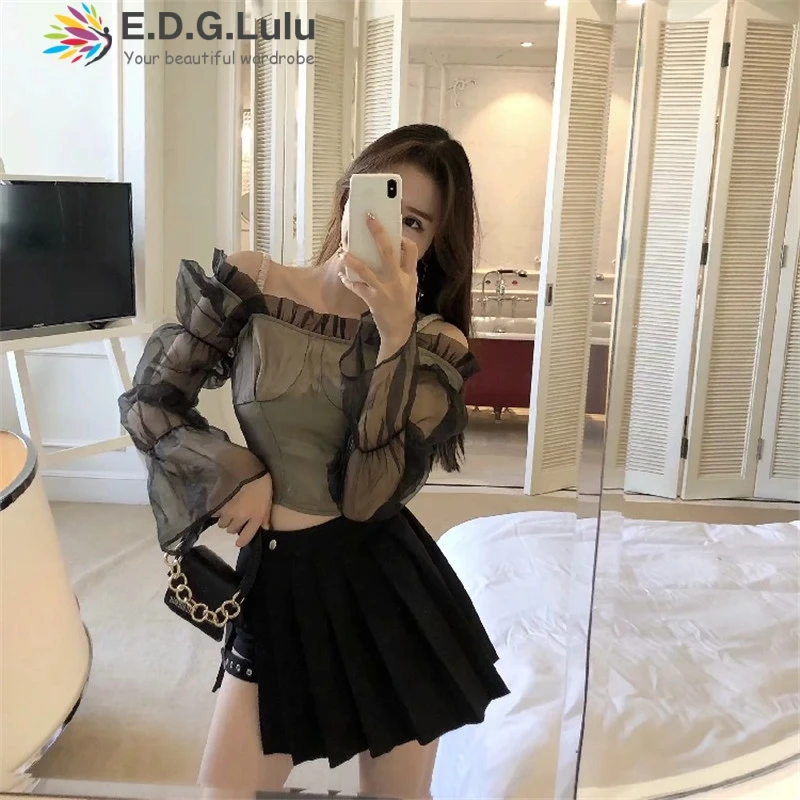 EDGLuLu, с открытыми плечами, тюль, пэчворк, длинный, с пышными рукавами, рубашка, для женщин, сексуальная, солидная, для девушек, рубашки, все подходящие, осенние женские топы