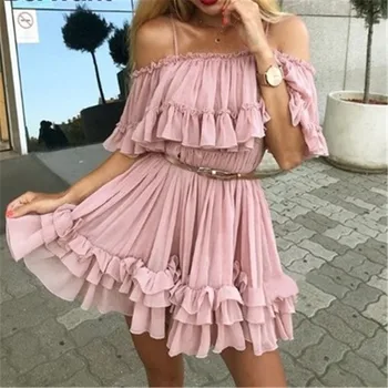 

Lace dress women's word collar ruffle cake dress designer show 2019 high quality red, pink naughty strapless dress