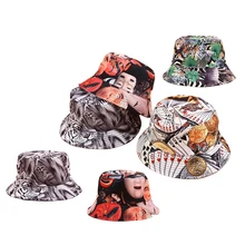 Летняя Двусторонняя двусторонняя сумка-мешок с принтом шляпа для мужчин и женщин Тигр игральные карты хип хоп Боб шапки трендовая Панама шляпа