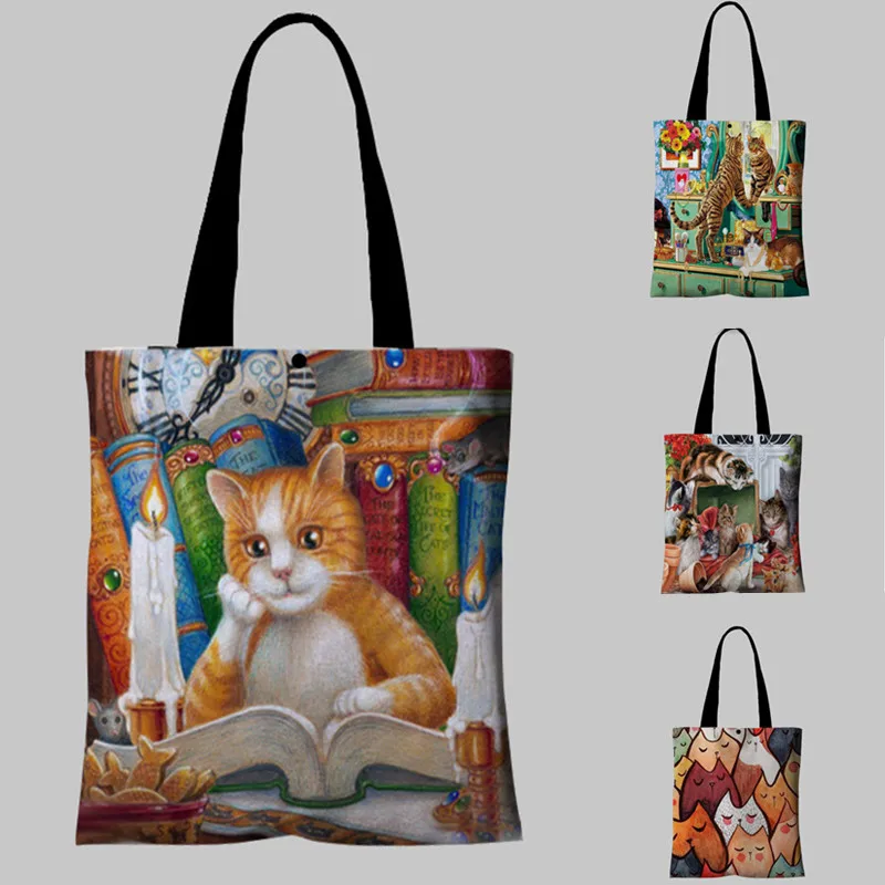 

Холщовая Сумка с милым мультяшным котом для женщин, школьный дорожный кошелек, многоразовые сумки на ремне для покупок