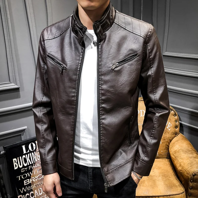 

2019 Spring MEN'S Leather Coat Korean-style Slim Fit Youth Leather Jacket plus Velvet Stand Collar Locomotive Men's PU Leather C