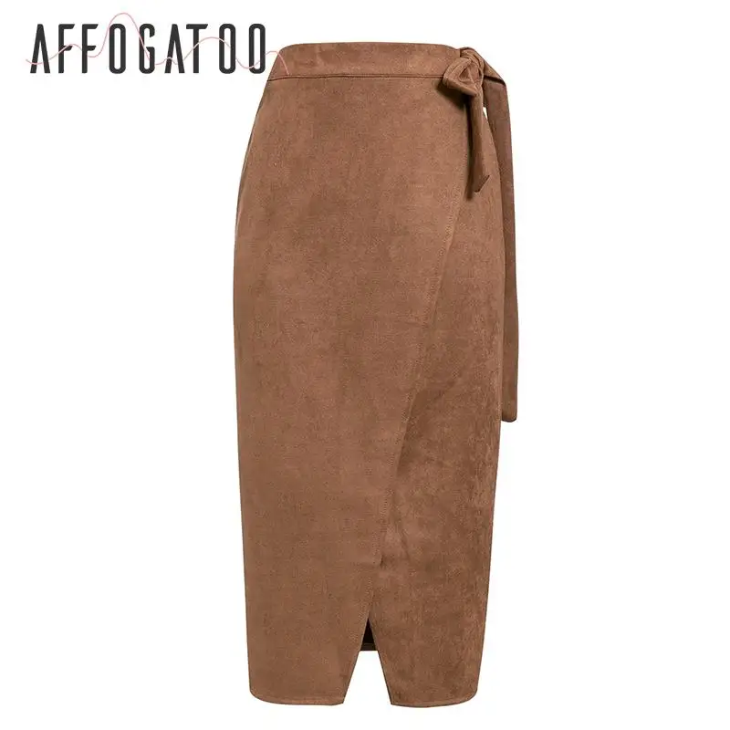 Brown Afogatoo Элегантные замшевые кожаные миди юбки женские повседневные офисные Дамская длинная юбка осень зима Высокая талия сплит женские юбки - Цвет: Brown