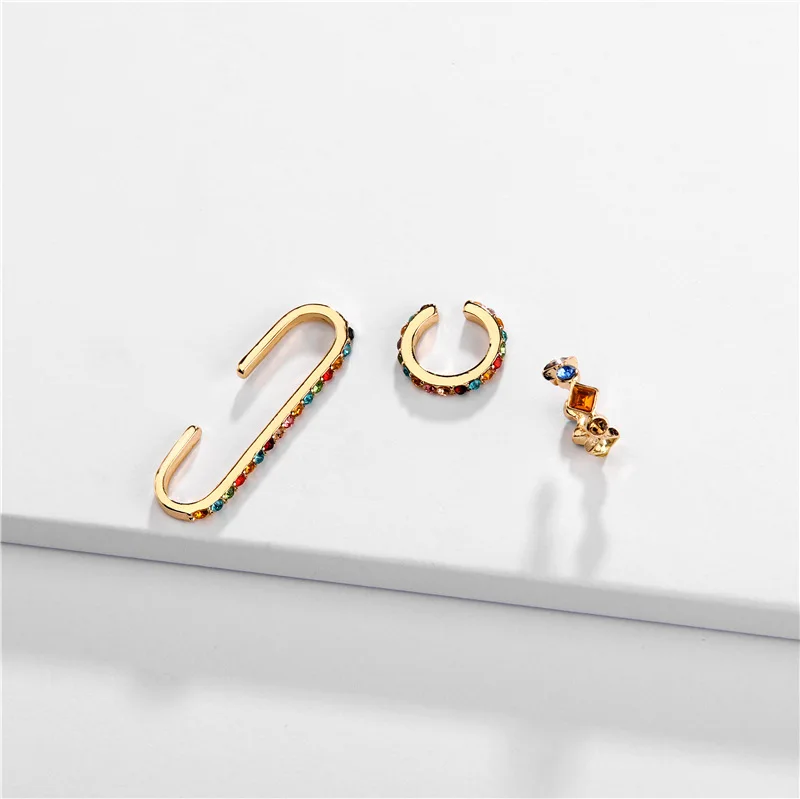 wing yuk tak 3Pcs/Set Colorful Crystal Clip Earrings For Women Unique Design Ins Hot Sales Earrings Party Jewelry