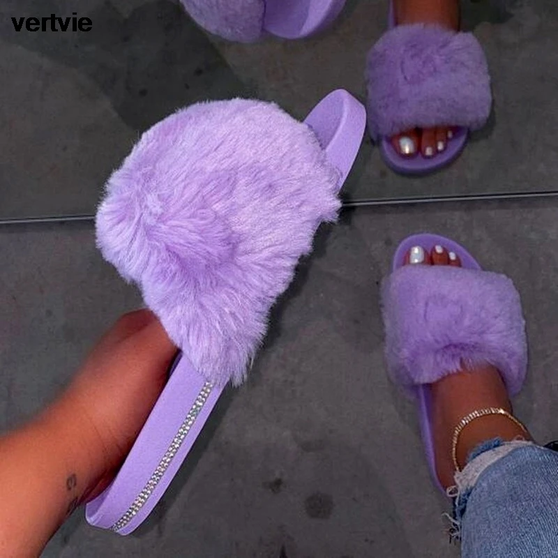 vertvie Winter Home Shoes Women House Slippers Warm Faux Fur Ladies Cross Soft Plush Furry Female Open Toe Slides Fashion Shoes