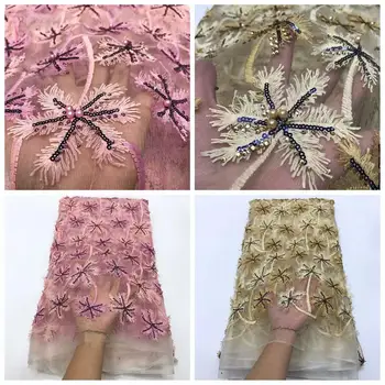 

NEW African French Beaded Lace Fabric 2020 High Quality Lace Gold/Pink Lace Fabric Nigerian Tulle Mesh Lace Fabrics for Wedding