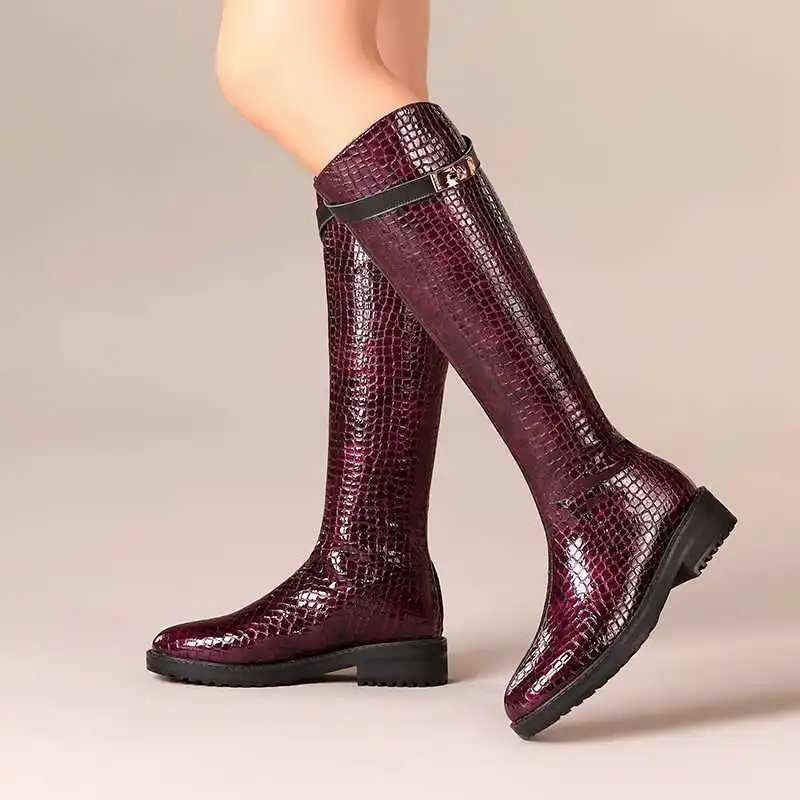 Luxury brand new winter thigh high boots women riding boots stone pattern metal buckle keep warm knight boots zapatos de mujer