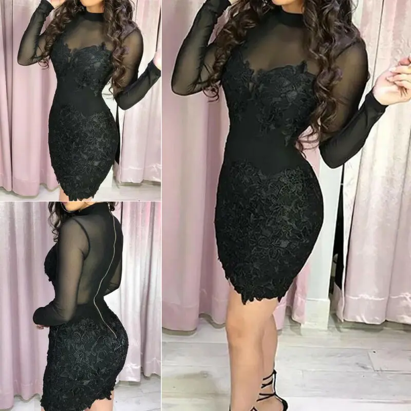 Женское Бандажное облегающее Прозрачное платье с длинным рукавом водолазка