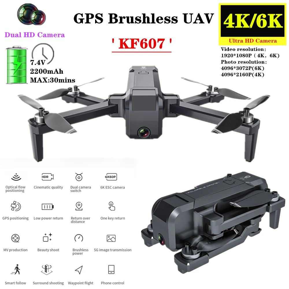 Brushless Motor UAV KF607 GPS Drone 4K/6K HD Wide Angle ESC Camera Optical Flow Smart Follow Quadcopter Dron Toy Gift |