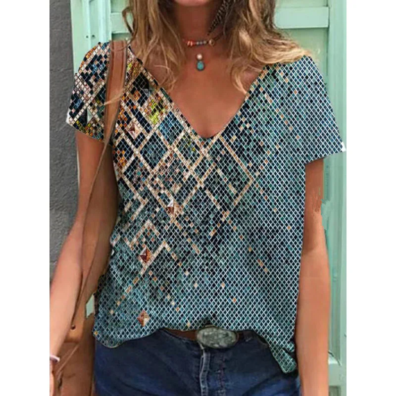 Camiseta de talla grande para mujer, Camiseta con estampado geométrico Tie-dye, camiseta de manga corta con cuello en V, ropa de calle informal, camisetas europeas para mujer