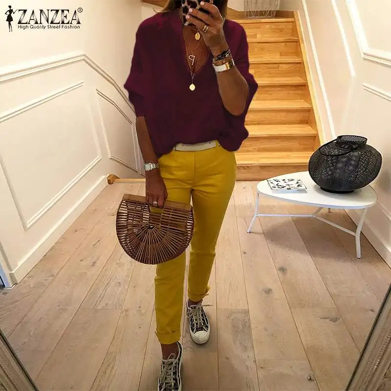 Женская блузка модная повседневная Blusas ZANZEA женская рубашка с пышными рукавами Женская Летняя туника с v-образным вырезом белые топы однотонная сорочка