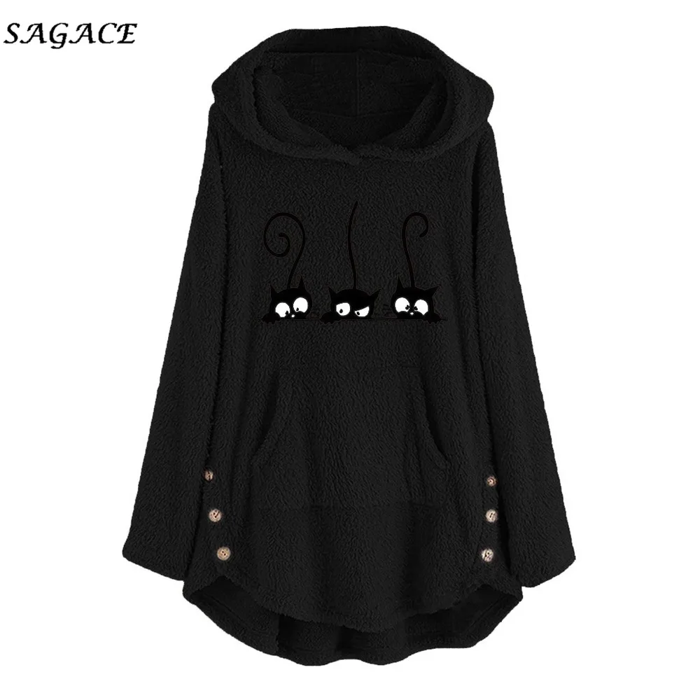 Black Sagace Одежда Женская толстовка с капюшоном женская модная повседневная флисовая толстовка с вышитым котом размера плюс теплая Толстовка Топ на пуговицах свитер блузка - Цвет: Black