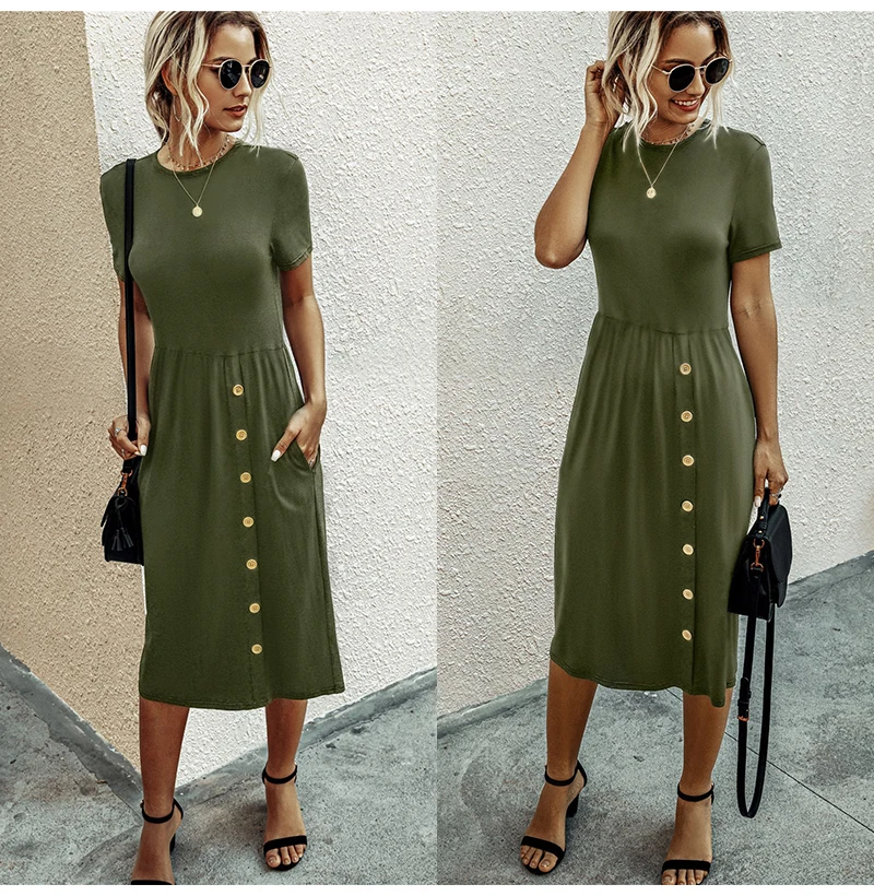 Summer Tshirt Long Dress Knitted Casual Women Button Up Pocket Midi ...