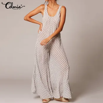 

Celmia 2020 Summer Vintage Striped Jumpsuit for Women Sleeveless Rompers Wide Leg Pant Casual Workwear Female Overalls Plus Size