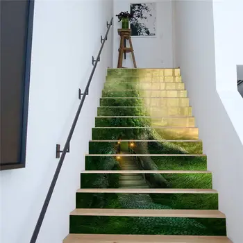 

Jungle Green Plants Vinyl Stair Sticker Decal for Staircase Decoration Fairy Forest Nature Waterproof Stairway Stickers 3D Decor