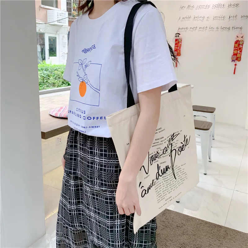 Women Canvas Handbag Shoulder Bag Letters Print Shopping Bag Cotton Linen Shopper Bags