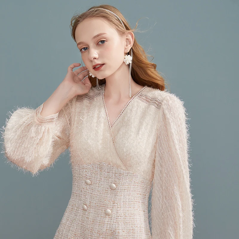 ARTKA 2020 Autumn New Women Dress Elegant Lace V
