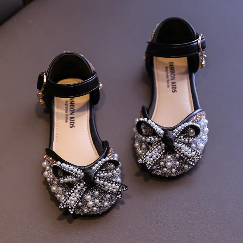 Sandal for girl Sweet Girl Princess Shoes Fashion Rhinestone Pearl Bow Baby Shoes Kids Party Children's Dance Little Girls Leather Shoes New G83 girl princess shoes Children's Shoes