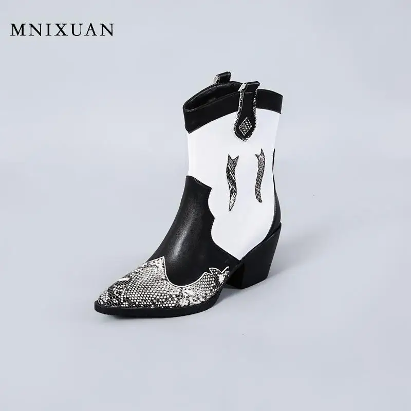 MNIXUAN/Модная женская обувь; ботинки в западном стиле; сезон осень-зима; ботильоны; Новинка года; ботинки со змеиным узором на высоком квадратном каблуке с острым носком; большие размеры 45
