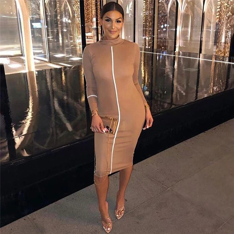 Accommodatie onvergeeflijk Geen Elegant Stripe Fitness Pencil Midi Dress Evening Party Club Dames  Streetwear Fashion Women Long Sleeve Bodycon Dress - Dresses - AliExpress