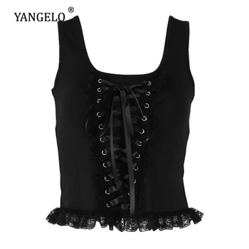 

Yangelo Gothic Bandage Zipper Vest Women Short Camisole Square Neck Knitting Lace Girls Sexy Slim Fashion Tank Tops 2020 New