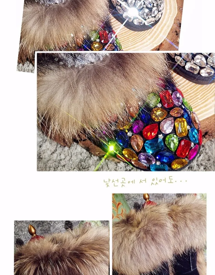 Womens Real Fox Fur Rainbow Colors Crystal Diamond Rhinestones Ankle Boots Bowknot Snow Warm Winter Flats Bling Shoes Luxury DIY