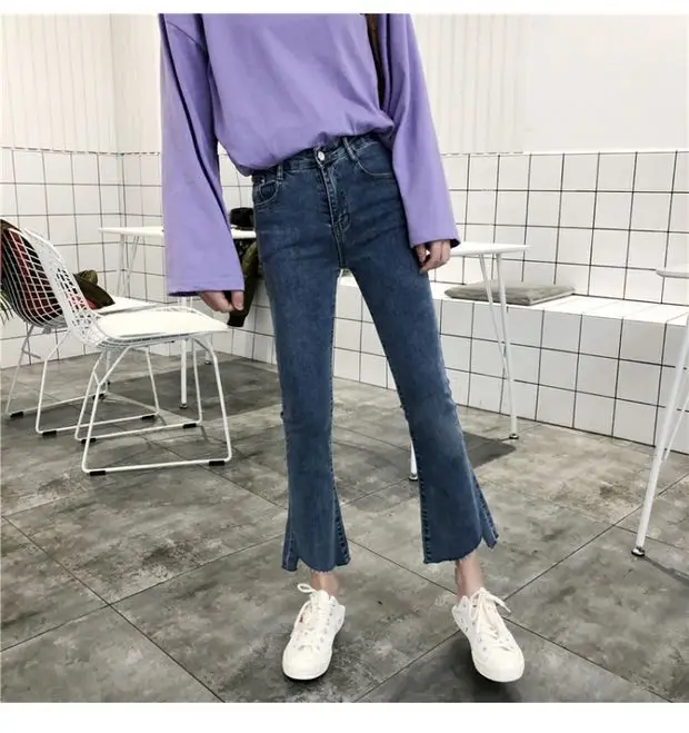 Women Hight Waisted Wide Leg Jeans Summer Autumn Stretch Slim Ankle Length Button Pockets Denim Flare Pants Plus Size