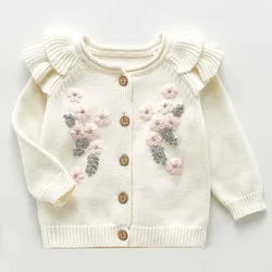 HS – Cardigan tricoté avec col à pétales pour bébé fille, chandail à la mode, veste, pull pour fille, chandail d'automne et d'hiver 