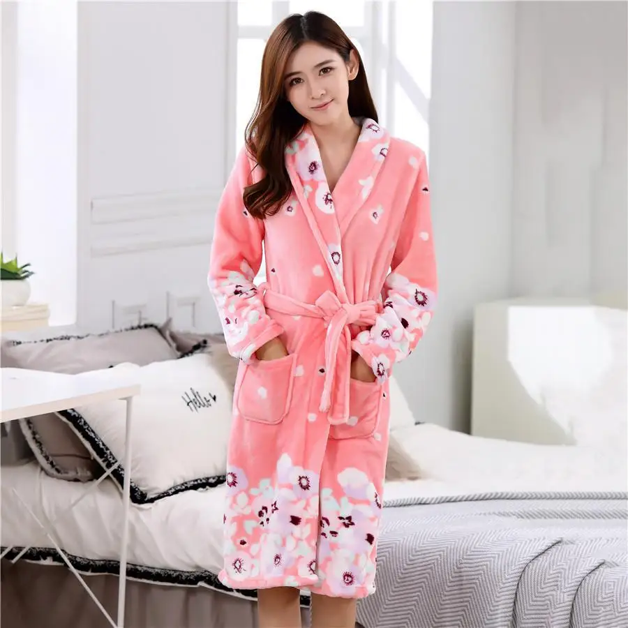 Женское зимнее Коралловое кимоно из рунной шерсти, свободное платье для отдыха, сексуальный халат, новинка, теплый, Bathorbe, длинный рукав, v-образный вырез, фланелевая домашняя одежда - Цвет: Pink 8
