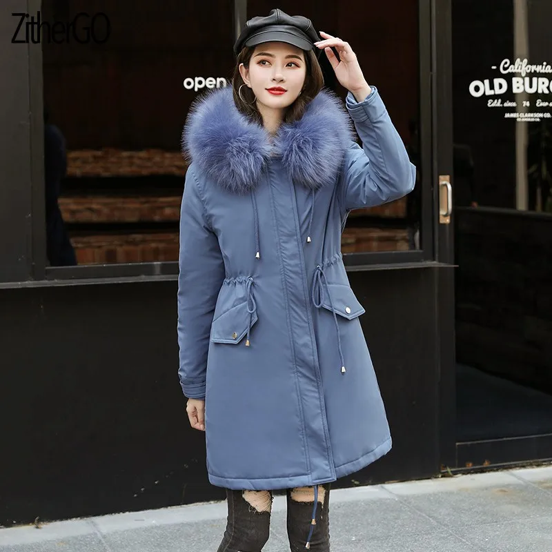 Blue ZituerGo/ зимняя женская парка с большим меховым воротником и капюшоном, Женский утепленный пуховик, пальто, повседневный пуховик, куртка - Цвет: Blue