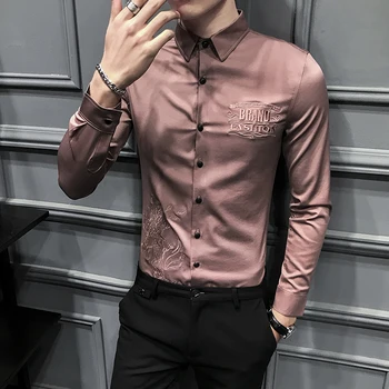 

Embroidery Casual Slim Fit Streetwear Prom Party Social Tuxedo Shirt Work Clothing 2020 Spring Men Shirt Long Sleeve Dress Shirt