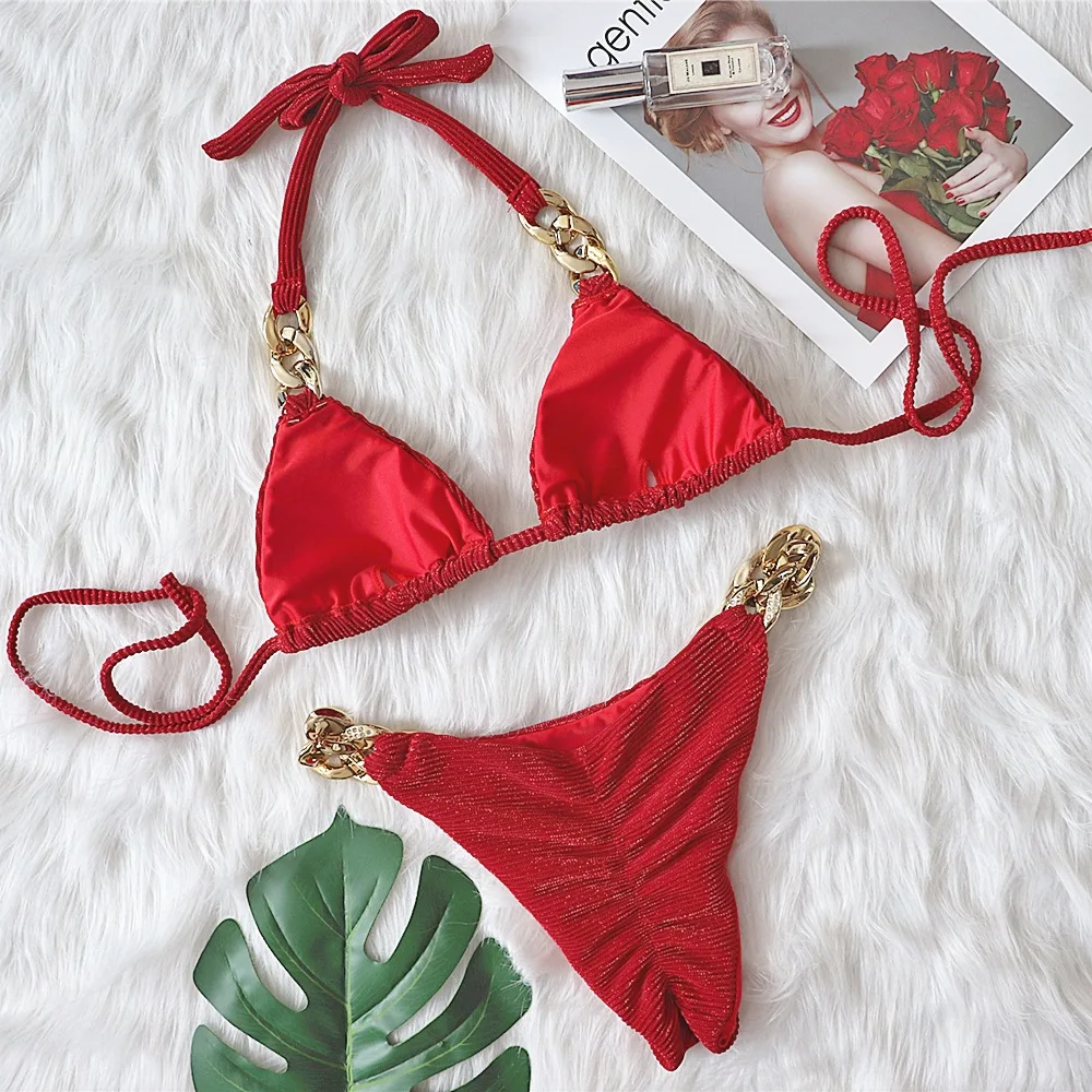 Bikini halter solid red push up pad metal chain swimsuit brazilian bathers bathing suit thong swimwear