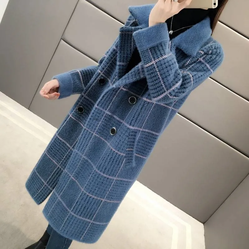 Mink Plaid Autumn WintersWomen's New Plus Velvet Loose Large Size Long Knit Cardigan Jacket Women ThickenDouble-Breasted Coat |