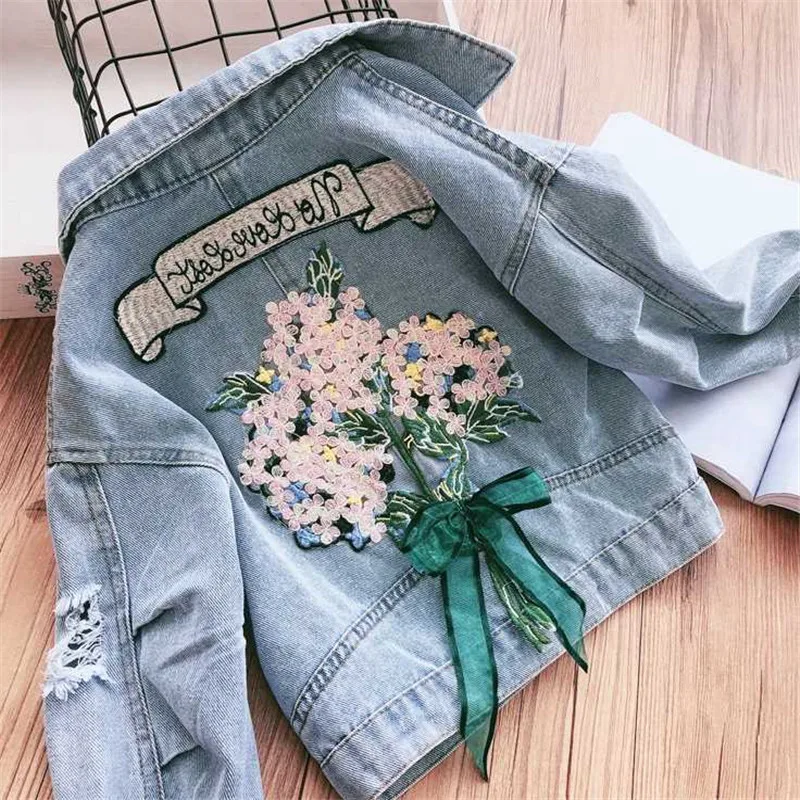 

Girl'S Coat Flower with Holes Jeans Coat 20 Autumn Clothing New Style Childrenswear 3-8-Year-Old