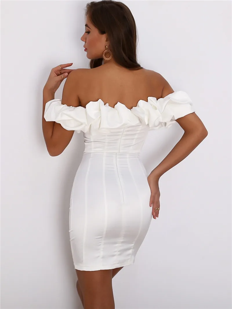 Feditch Satin Ruffles Sleeve 2020 Summer Dress Backless Strapless Bodycon White Dress Short Sexy Party Dress Nightclub Vestidos