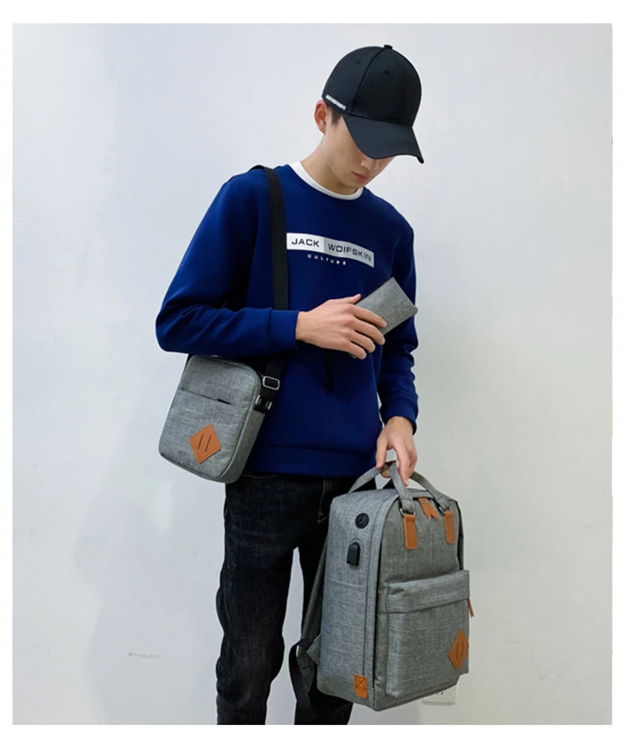 New Three-Piece USB Charging Bag Men Women 15.6 Inch Laptop Backpack Fashion School Bags Large Capacity Multifunction Travel Bag