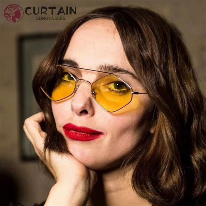 

Small Sunglasses Women Unique Pentagon Sun Glasses Double Bridge Eyeglasses Metal Frame Shades Men Transparent Ocean Lens UV400